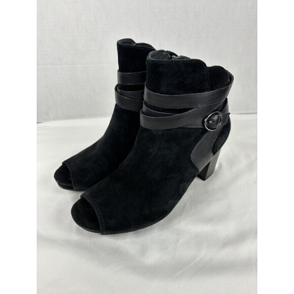 Earthies Santo Peeptoe Booties Boots Black Suede 8.5 B Ankle Zip Arch Support - Picture 4 of 12